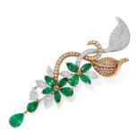 AN EMERALD AND DIAMOND PENDANT in 18ct yellow and white gold, in floral leaf design, set with