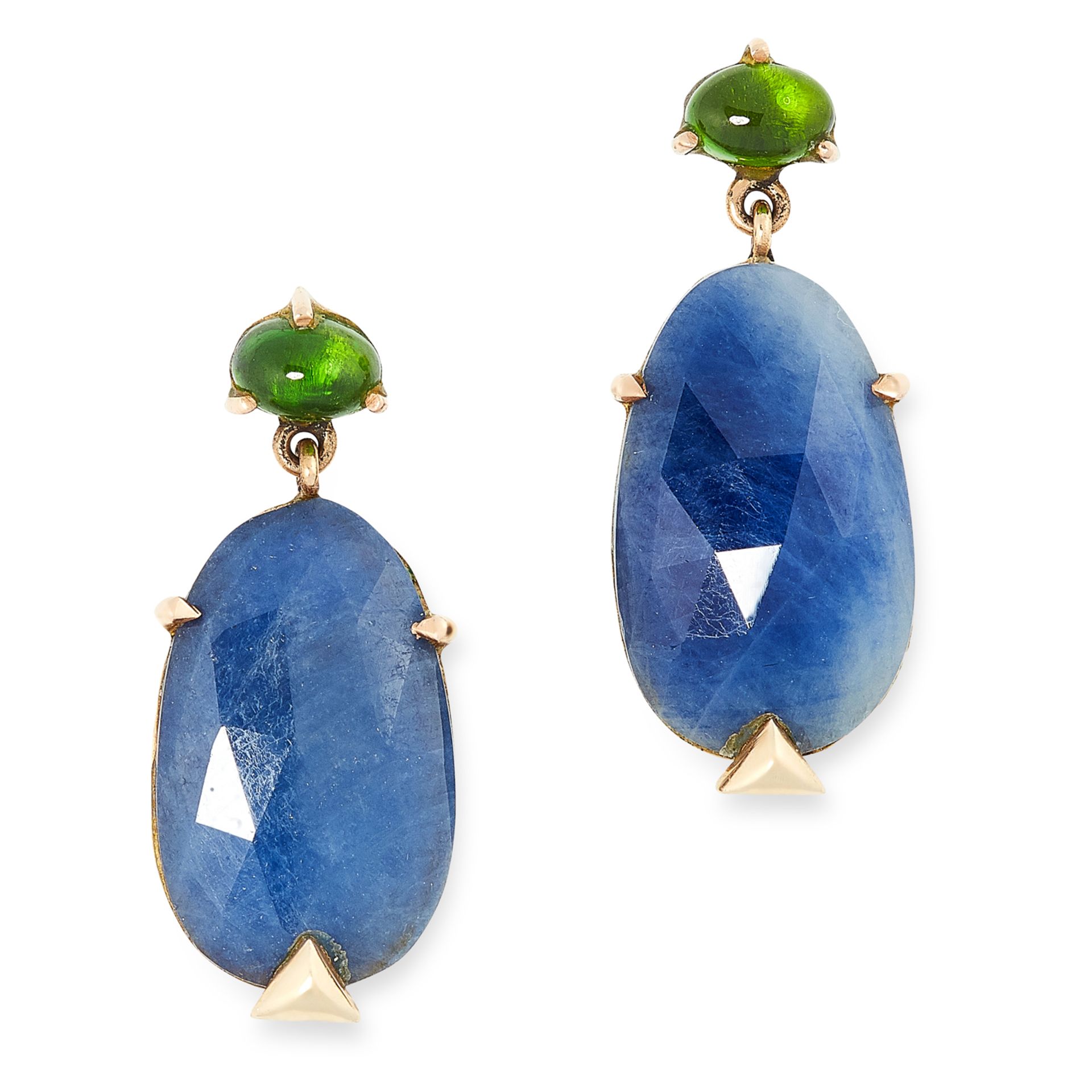 A PAIR OF TOURMALINE AND SAPPHIRE EARRINGS in yellow gold, each set with a cabochon green tourmaline