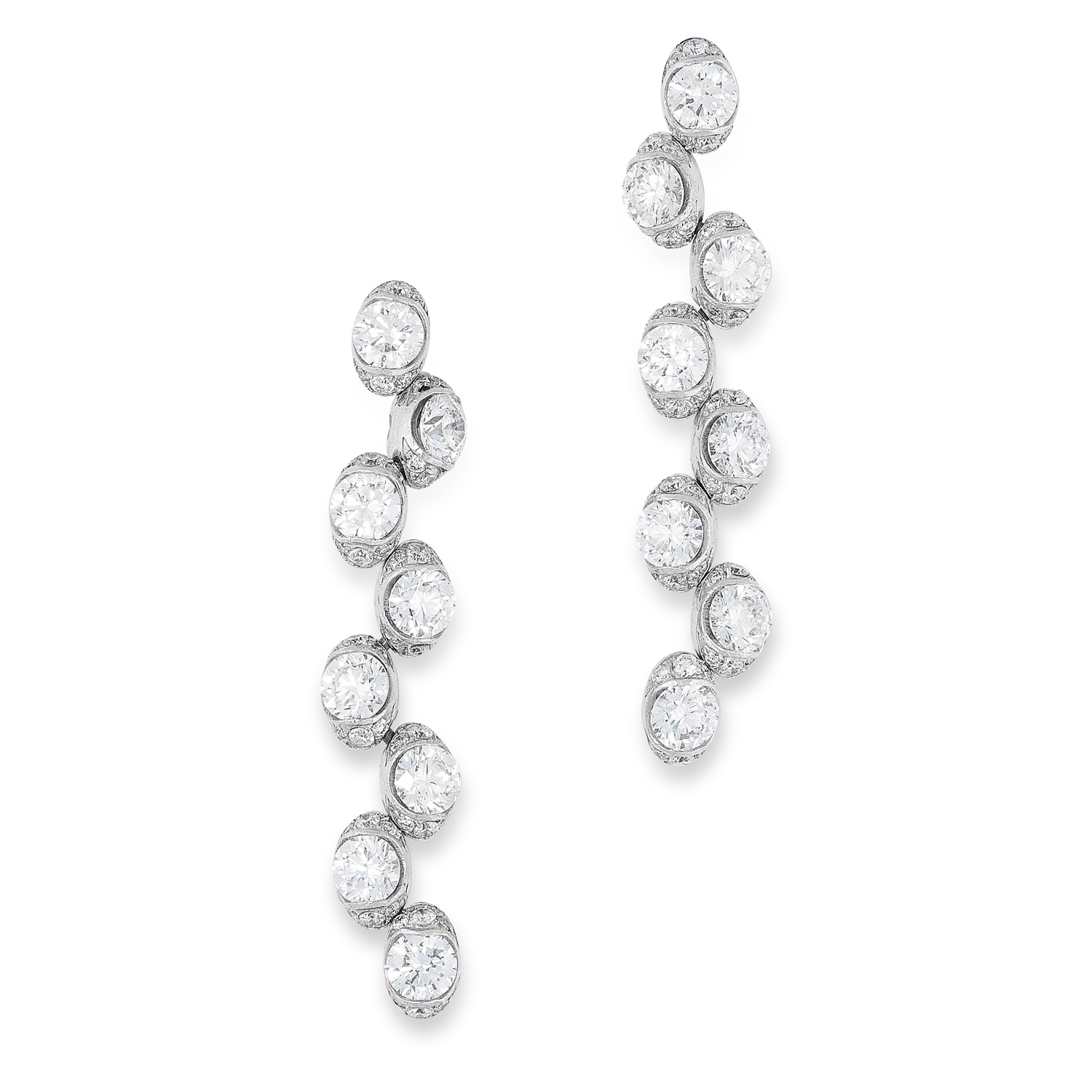 A PAIR OF DIAMOND DROP EARRINGS each designed as a single row of alternating links in zig-zag