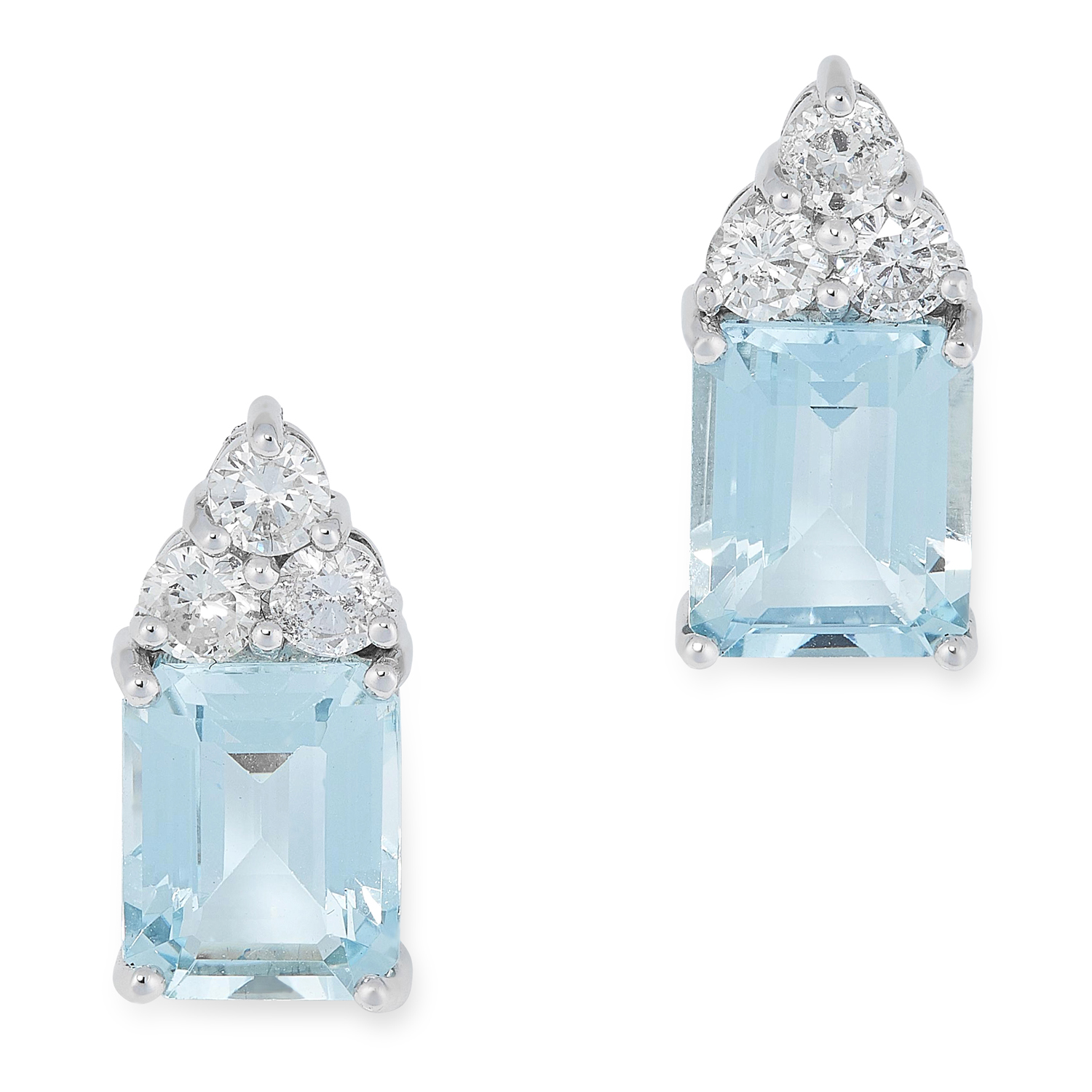 A PAIR OF AQUAMARINE AND DIAMOND EARRINGS each set with a step cut aquamarine of 3.00 and 2.87