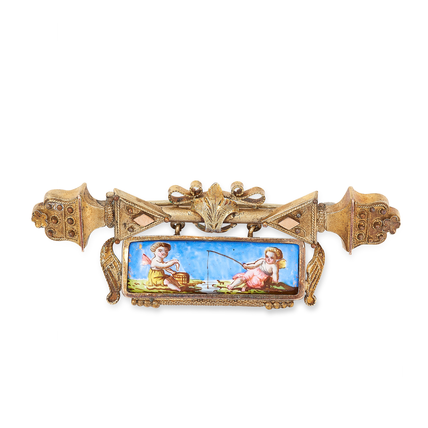 AN ANTIQUE PAINTED MINIATURE BROOCH depicting a cherub scene, 6.3cm / 2.5", 10.3g.