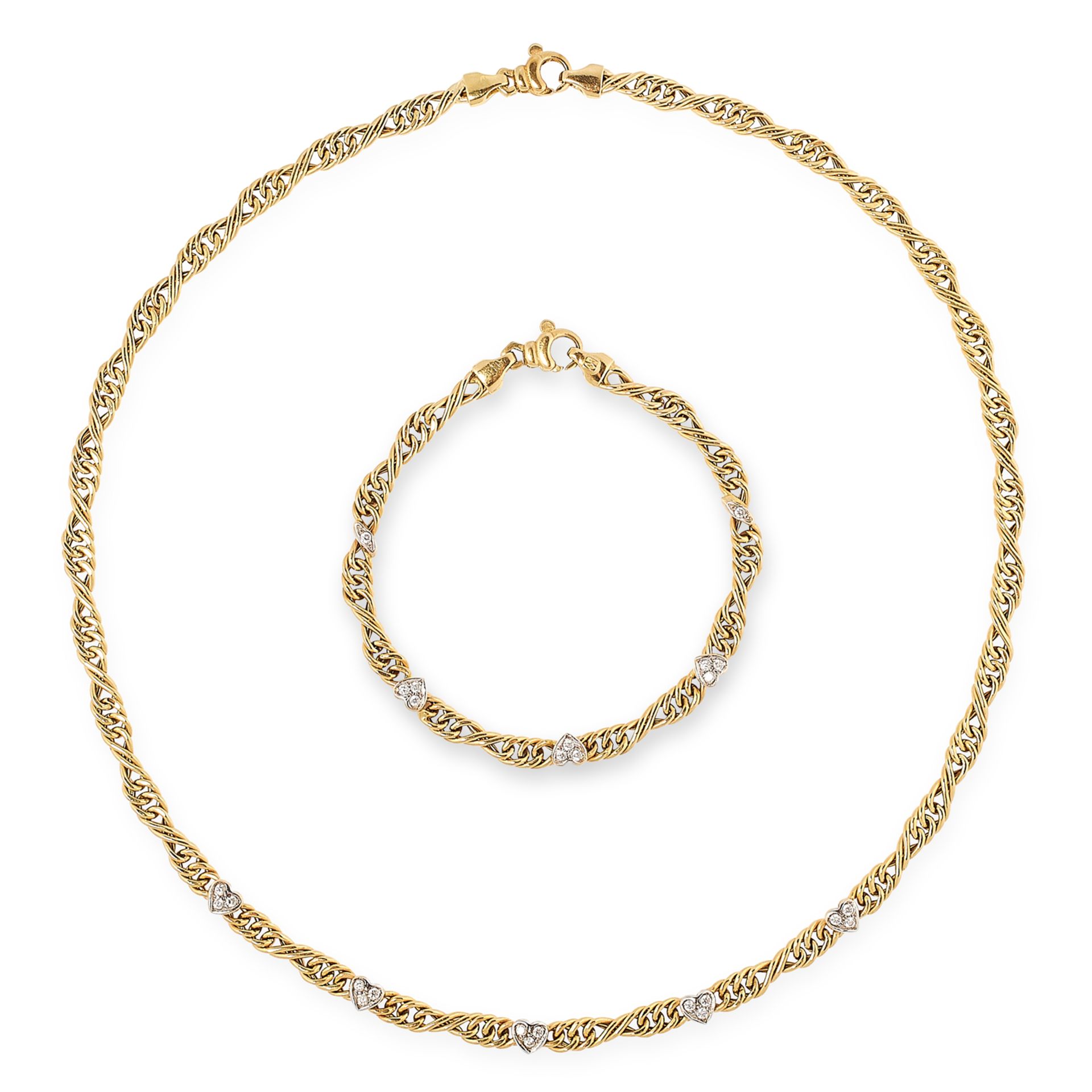 A DIAMOND FANCY LINK NECKLACE AND BRACELET SET in yellow gold, comprising of fancy links, set with