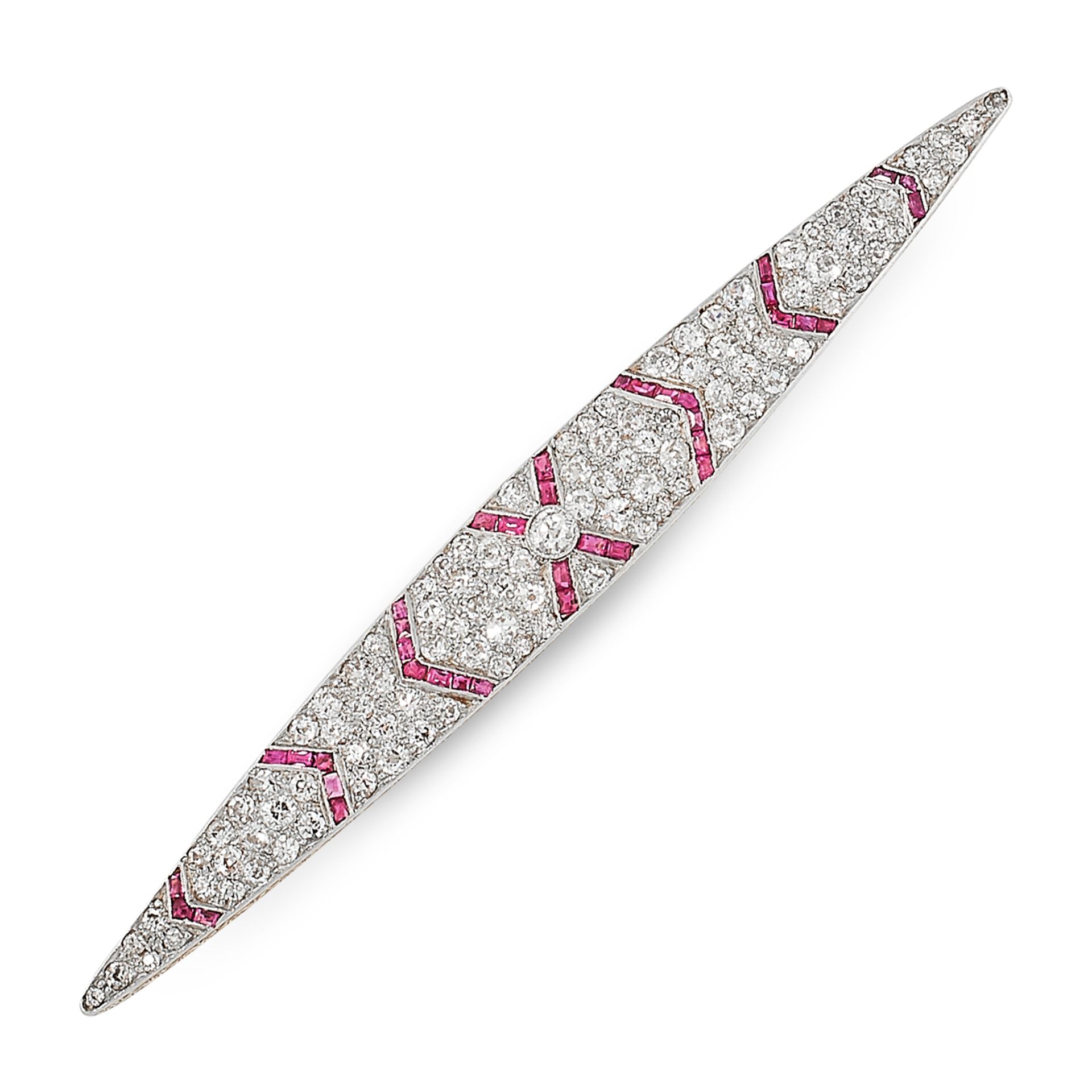 AN ANTIQUE ART DECO DIAMOND AND RUBY BAR BROOCH, EARLY 20TH CENTURY in high carat gold, of elongated