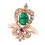 AN EMERALD AND DIAMOND RING in yellow gold, in twisted design, set with an emerald cut emerald, a