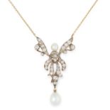 A PEARL AND DIAMOND PENDANT in scrolling motif set with old cut diamonds and two pearls, tests as