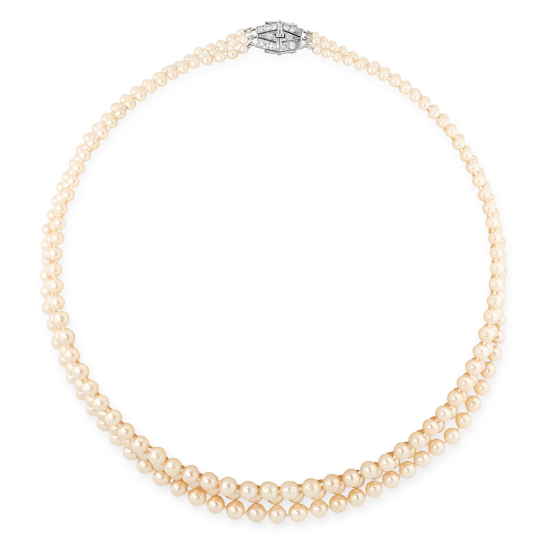 A THREE ROW PEARL AND DIAMOND NECKLACE, CIRCA 1950 in platinum, comprising three rows of graduated