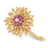 A VINTAGE RUBY AND DIAMOND FLOWER BROOCH, KUTCHINSKY 1966 in 18ct yellow gold, designed as a flower,