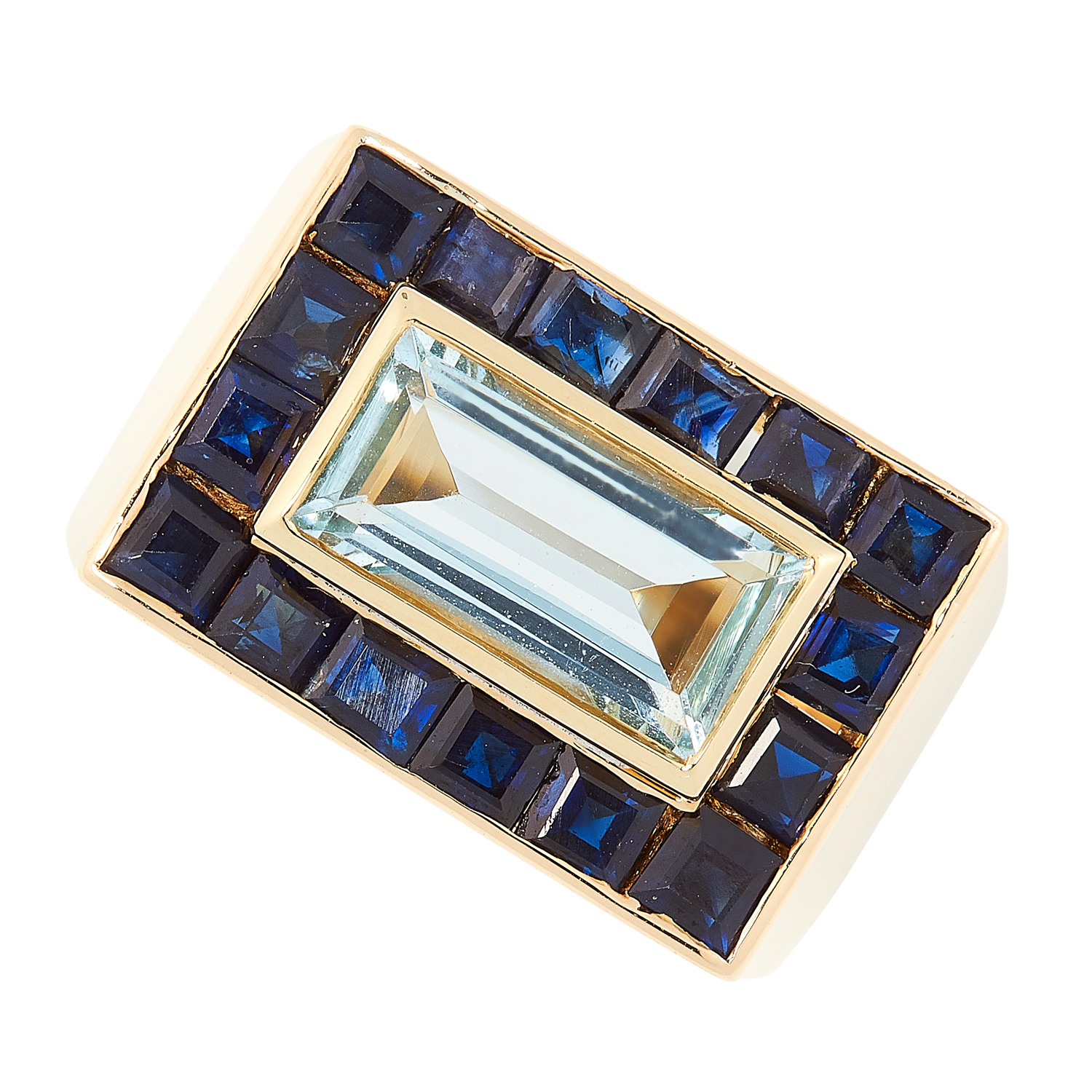 A SAPPHIRE AND BLUE TOPAZ DRESS RING, MURUNI set with a central step cut blue topaz in a border of