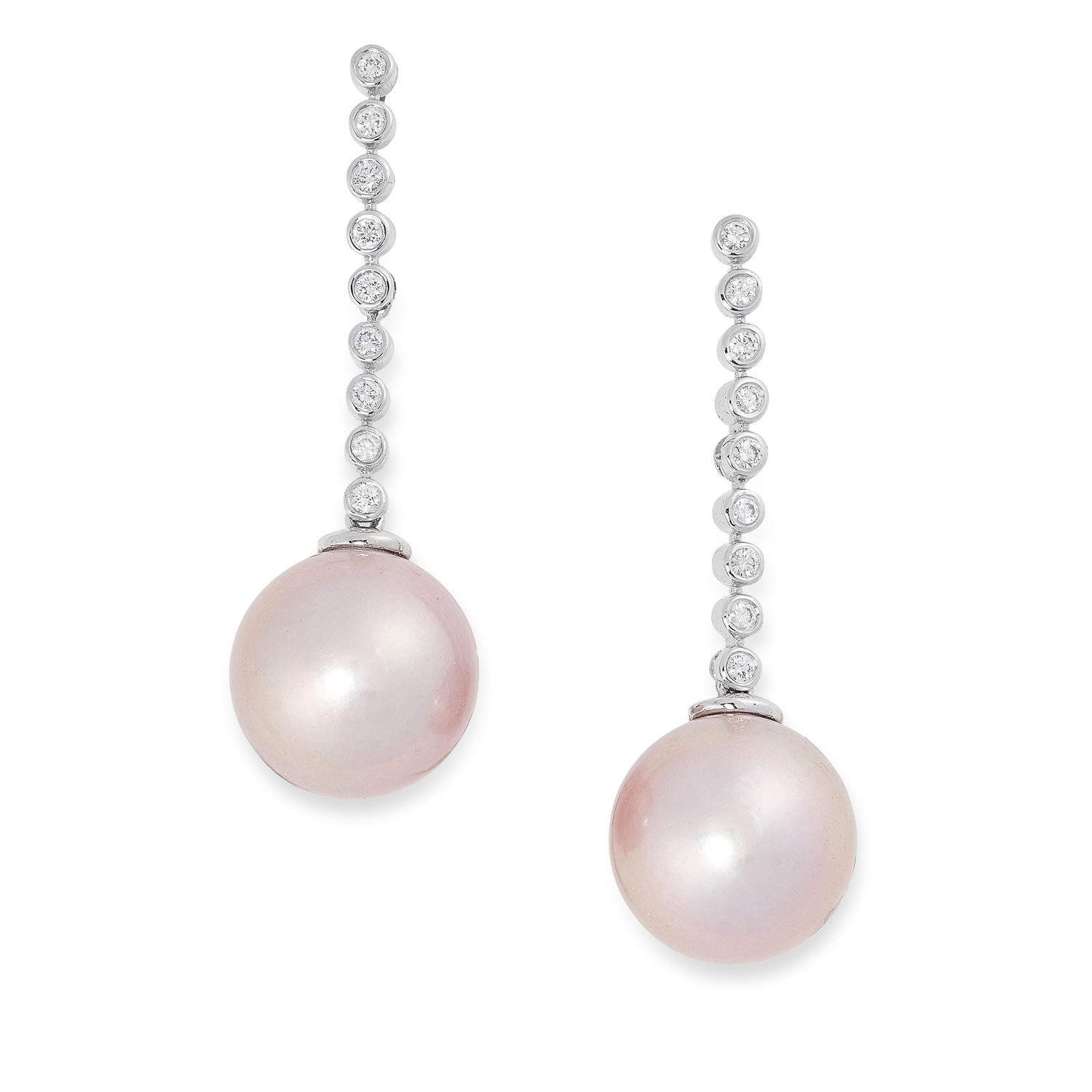 A PAIR OF PEARL AND DIAMOND EARRINGS each set with a pink pearl of 12.5mm below a row of round cut
