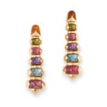 A PAIR OF JEWELLED DROP EARRINGS, BULGARI in 18ct yellow gold, the tapering bodies jewelled with