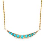 AN ANTIQUE TURQUOISE AND DIAMOND CRESCENT NECKLACE in yellow gold, the crescent motif set with