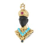 A GEMSET HARDSTONE BLACKAMOOR BROOCH comprising of a carved hardstone face and jewelled with round