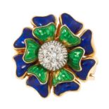 A VINTAGE DIAMOND AND ENAMEL DRESS RING designed as a flower, set at the centre with round cut