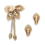 A VINTAGE BROOCH AND EARRING SUITE, KUTCHINSKY in 9ct yellow gold, depicting a beaded floral leaf