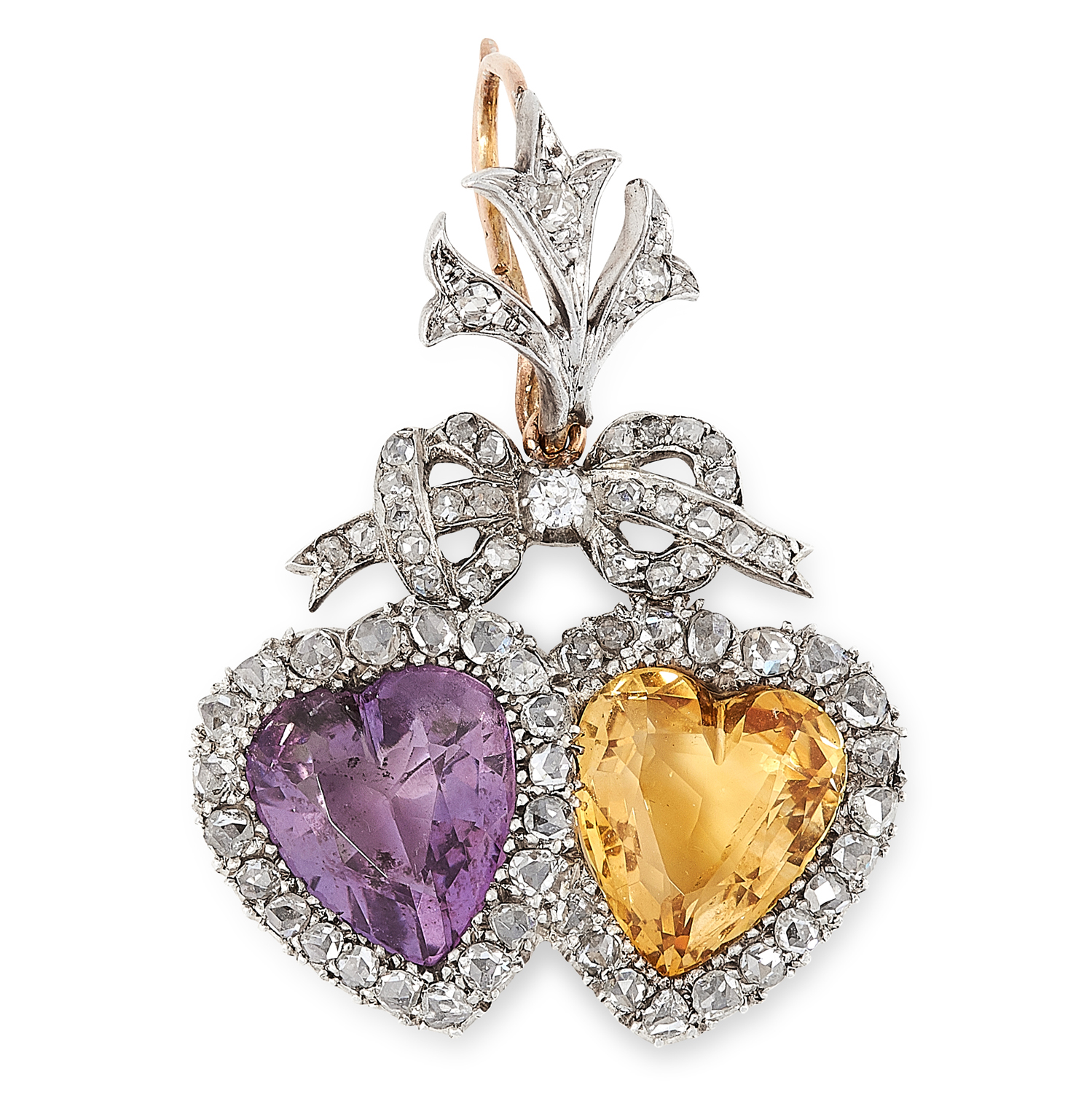 AN ANTIQUE AMETHYST, CITRINE AND DIAMOND SWEETHEART PENDANT, 19TH CENTURY in high carat yellow