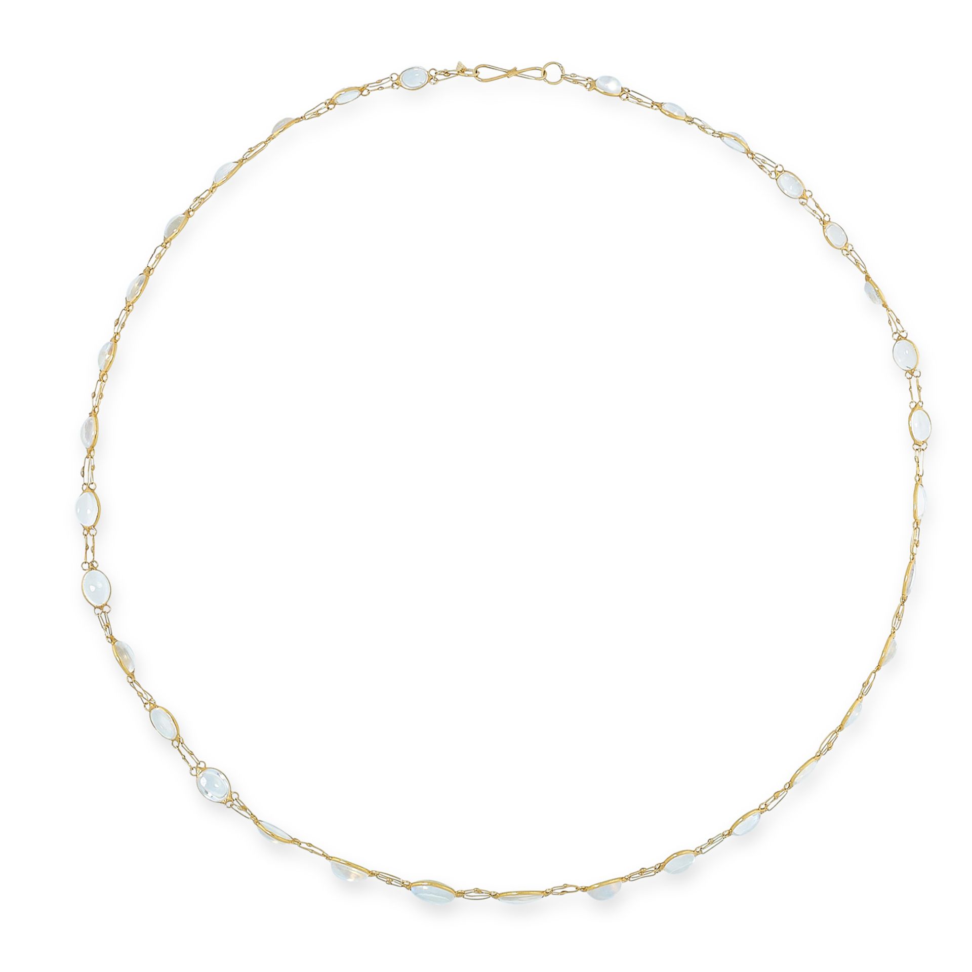 A MOONSTONE NECKLACE AND BRACELET SUITE each set with cabochon moonstones, tests as yellow gold,