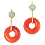 A PAIR OF ANTIQUE CARNELIAN AND JADEITE EARRINGS in yellow gold, each designed as a polished