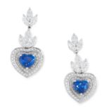 A PAIR OF SAPPHIRE AND DIAMOND DROP EARRINGS each set with a row of marquise cut diamonds suspending