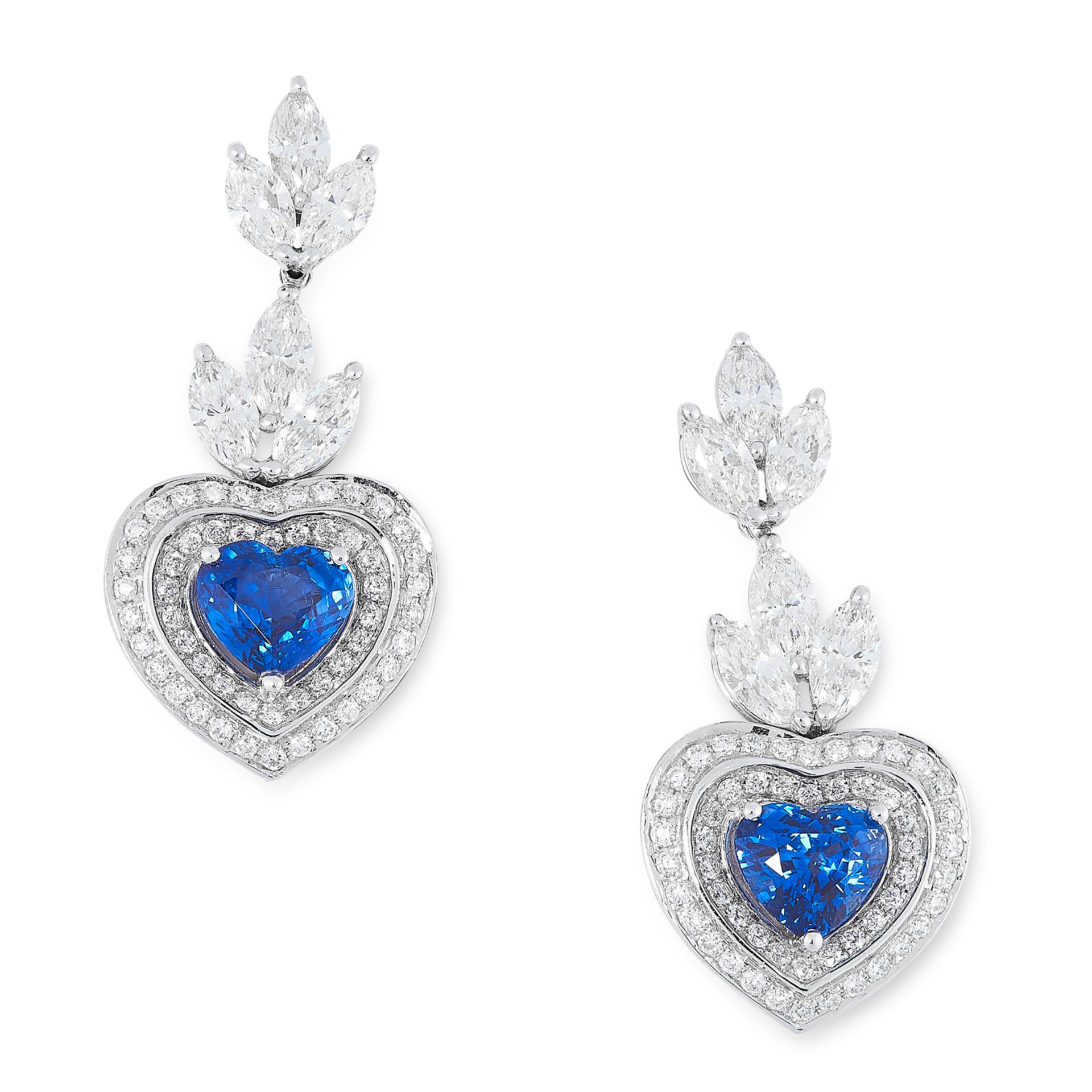 A PAIR OF SAPPHIRE AND DIAMOND DROP EARRINGS each set with a row of marquise cut diamonds suspending
