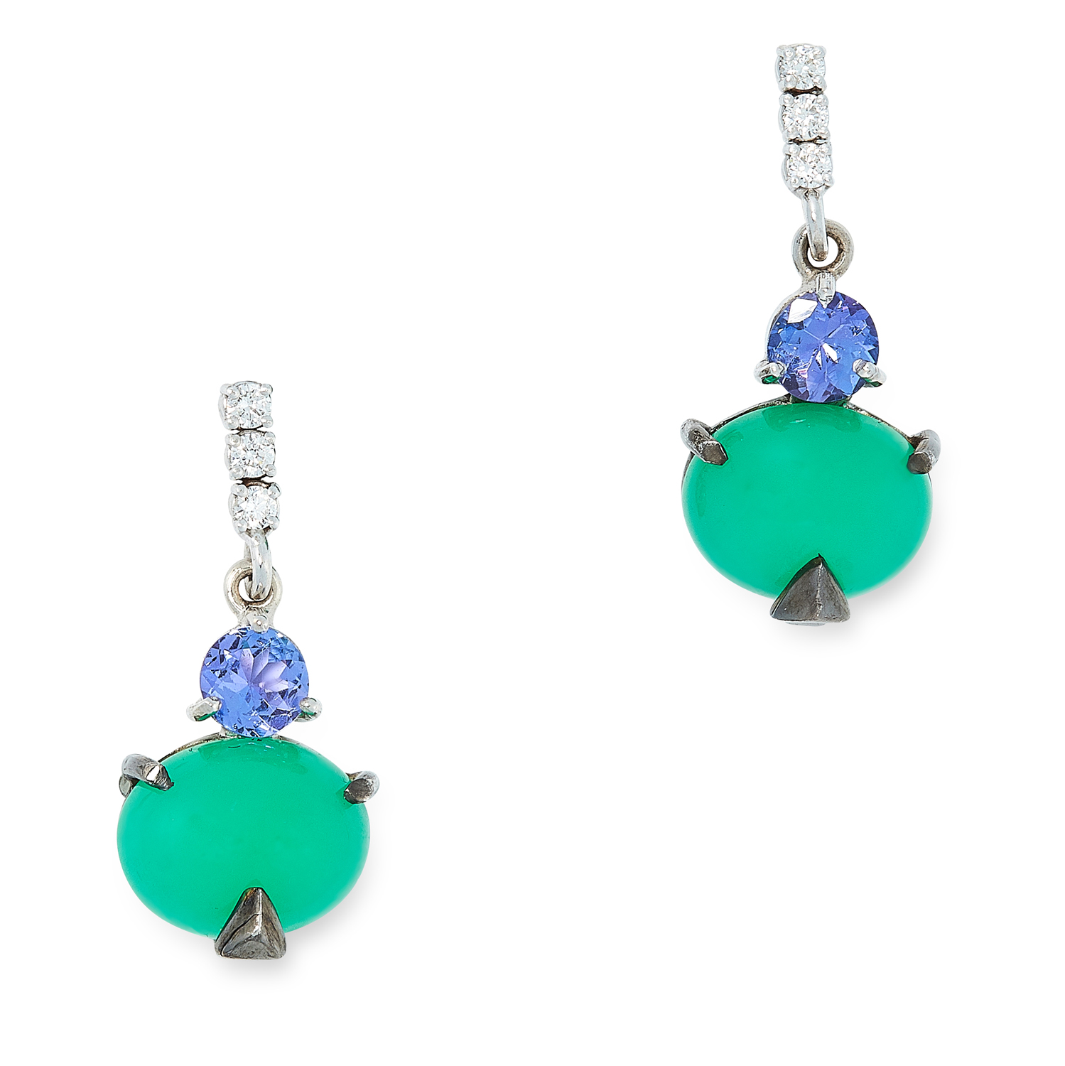 A PAIR OF TANZANITE, DIAMOND AND CHRYSOPRASE EARRINGS each set with round brilliant cut diamonds,