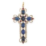 A SAPPHIRE, RUBY AND DIAMOND CROSS PENDANT set with cabochon sapphires, pear cut rubies and rose cut
