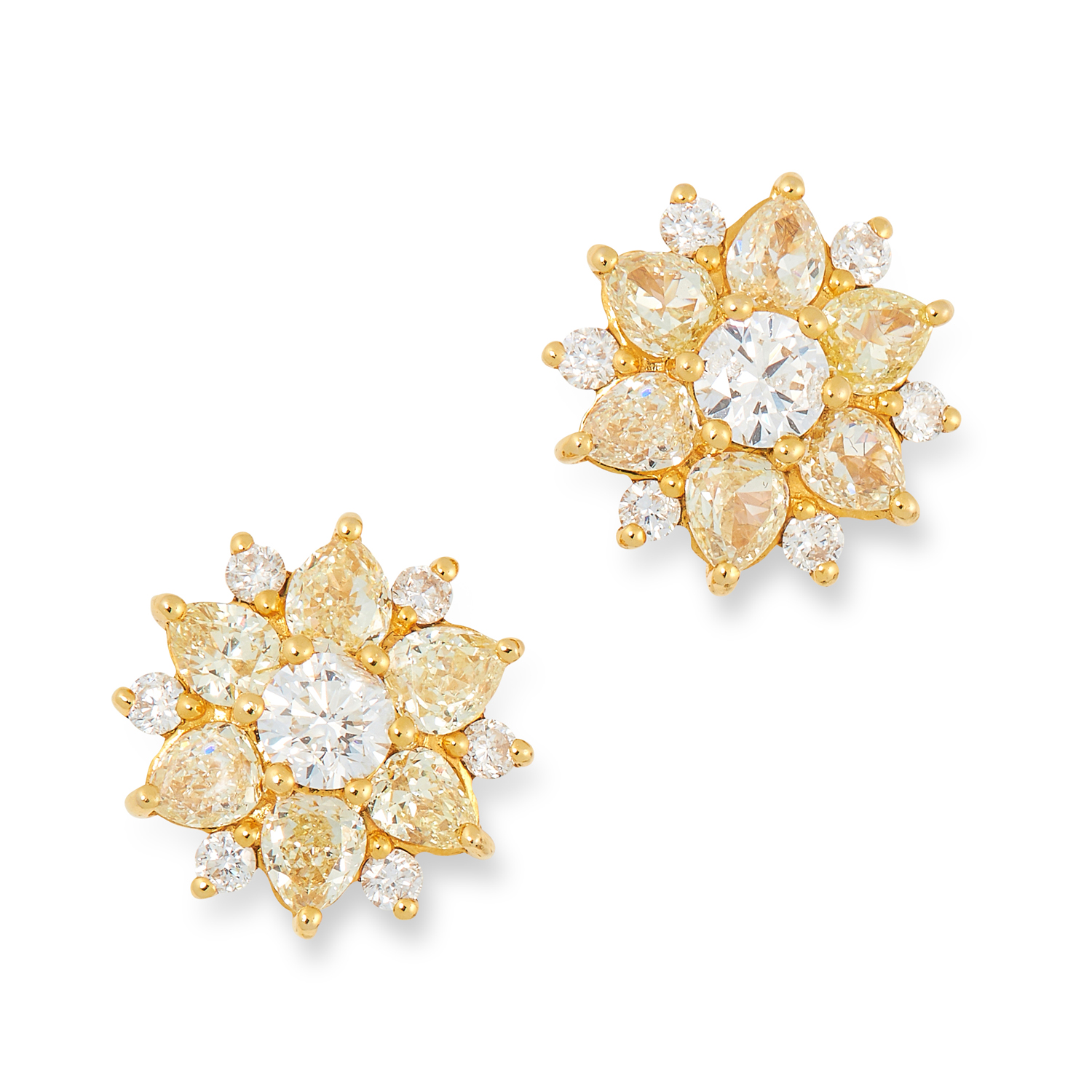 A PAIR OF YELLOW AND WHITE DIAMOND CLUSTER EARRINGS set with pear modern brilliant cut diamonds