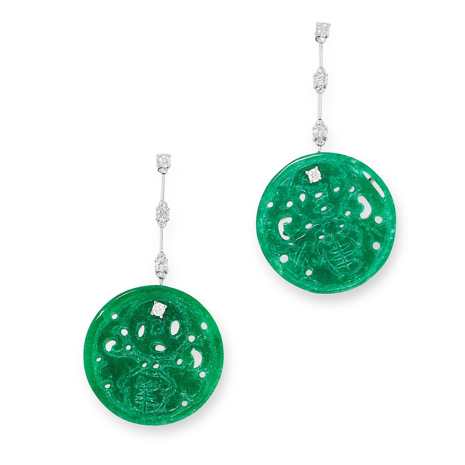 A PAIR OF CARVED JADEITE JADE AND DIAMOND EARRINGS set with round carved jadeite jade discs and