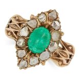 ANTIQUE EMERALD AND DIAMOND CLUSTER RING set with a cabochon emerald in a border of rose cut