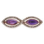 AN VINTAGE AMETHYST AND DIAMOND BROOCH, KOCH in yellow gold, in figure-of-eight form set with two