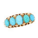 A TURQUOISE FIVE STONE RING set with five cabochon turquoise, tests as 18ct yellow gold, size R / 9,