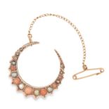 AN ANTIQUE CORAL AND PEARL CRESCENT MOON BROOCH set with alternating pearls and cabochon coral,