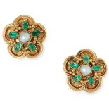 A PAIR OF ANTIQUE EMERALD AND PEARL STUD EARRINGS, 19TH CENTURY in yellow gold, each designed as a