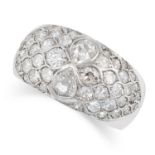A DIAMOND BOMBE RING, CIRCA 1940 set with pear old cut and round old cut diamonds, size J / 5, 5.2g.