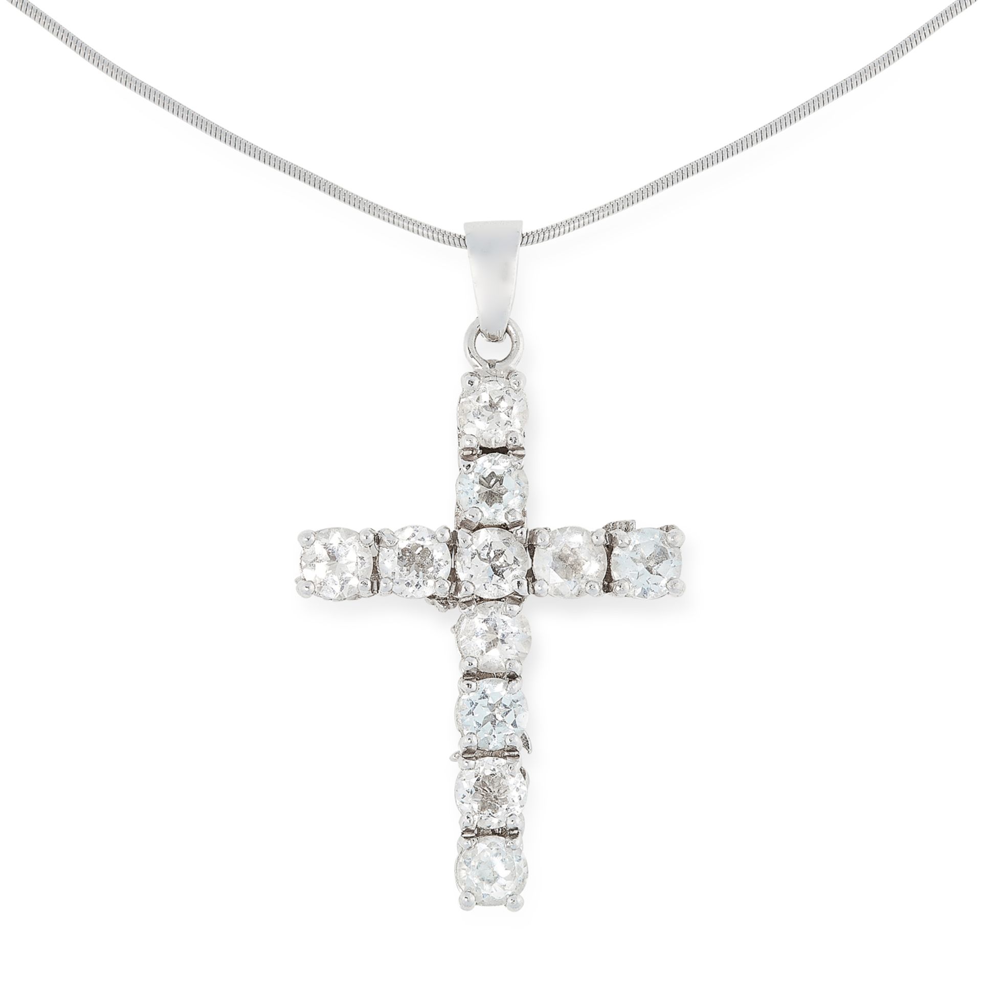 A WHITE TOPAZ CROSS PENDANT AND CHAIN in sterling silver, set with round cut white topaz in cross