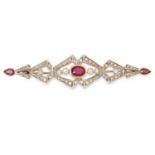 A RUBY AND DIAMOND BROOCH in geometric bar form, set with round cut diamonds and three oval and pear