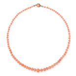 A CORAL BEAD NECKLACE comprising of a single row of graduated coral beads, 41cm / 16", 11.9g.