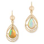 A PAIR OF OPAL AND DIAMOND EARRINGS each set with a pear shaped cabochon cut opal totalling 5.5-6.