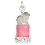 A CARVED WATERMELON TOURMALINE AND DIAMOND PENDANT designed as a Chinese guardian lion, weighing