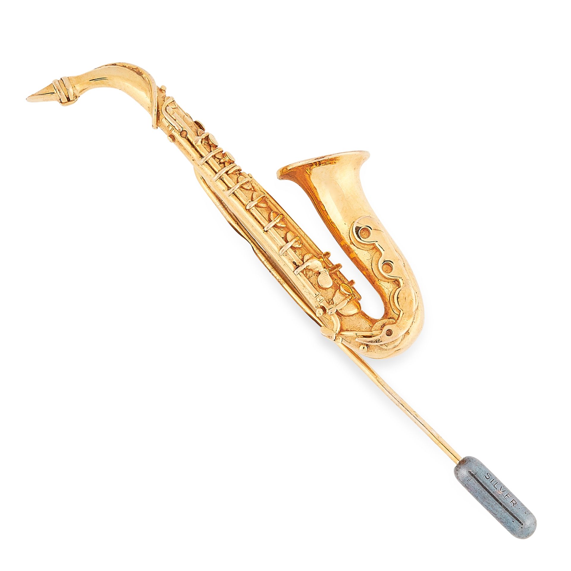 A SAXOPHONE PIN BROOCH in 9ct yellow gold, in the form of a saxophone, British hallmarks, 7cm / 2.