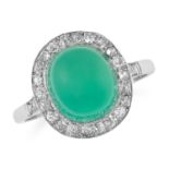 AN ANTIQUE ART DECO CHRYSOPRASE AND DIAMOND RING, EARLY 20TH CENTURY in platinum, set with a central