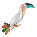 AN ENAMEL, HEMATITE AND DIAMOND NOVELTY TUCAN BIRD BROOCH set with coloured enamel, polished