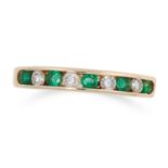 AN EMERALD AND DIAMOND HALF ETERNITY RING set with round cut diamonds and round cut emeralds, size K