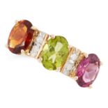 A DIAMOND AMETHYST, PERIDOT AND CITRINE RING in yellow gold set with round cut diamonds and an