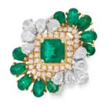 AN EMERALD AND DIAMOND DRESS RING in 18ct white gold, set with an emerald cut emerald in a border of