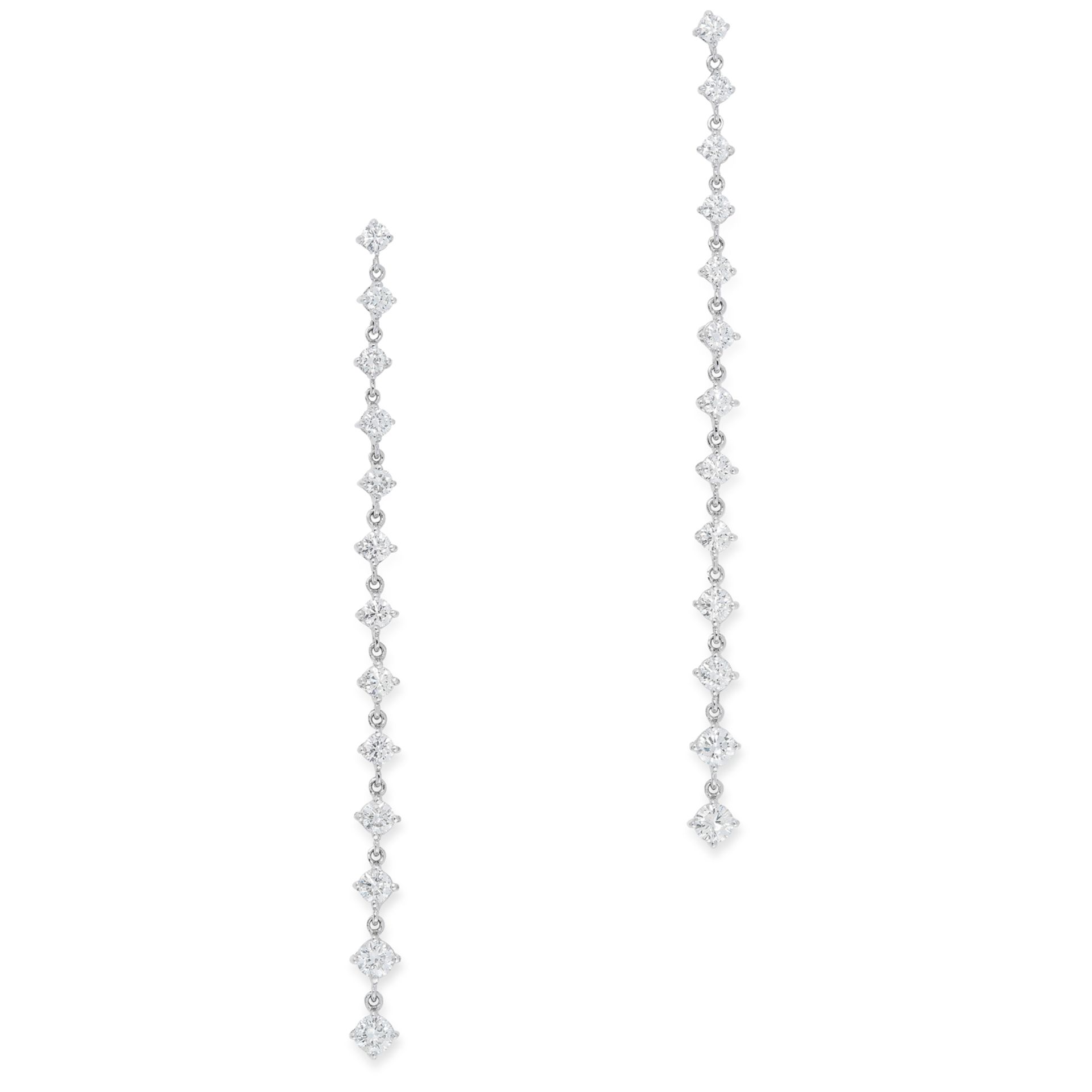 A PAIR OF DIAMOND DROP EARRINGS each designed as a single row of thirteen graduated round cut