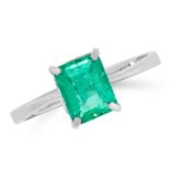 A COLOMBIAN EMERALD RING in 18ct white gold, set with a single emerald cut emerald of 1.13 carats,