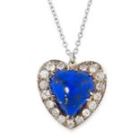 A LAPIS LAZULI AND DIAMOND PENDANT AND CHAIN in heart motif, set with a polished lapis lazuli in a