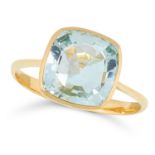 AN AQUAMARINE RING in yellow gold, set with a square mixed cut aquamarine, size O / 7, 2.26g.