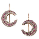 A PAIR OF ANTIQUE CRESCENT MOON EARRINGS set with round cut rubies and rose cut diamonds, 3.5cm, 8.