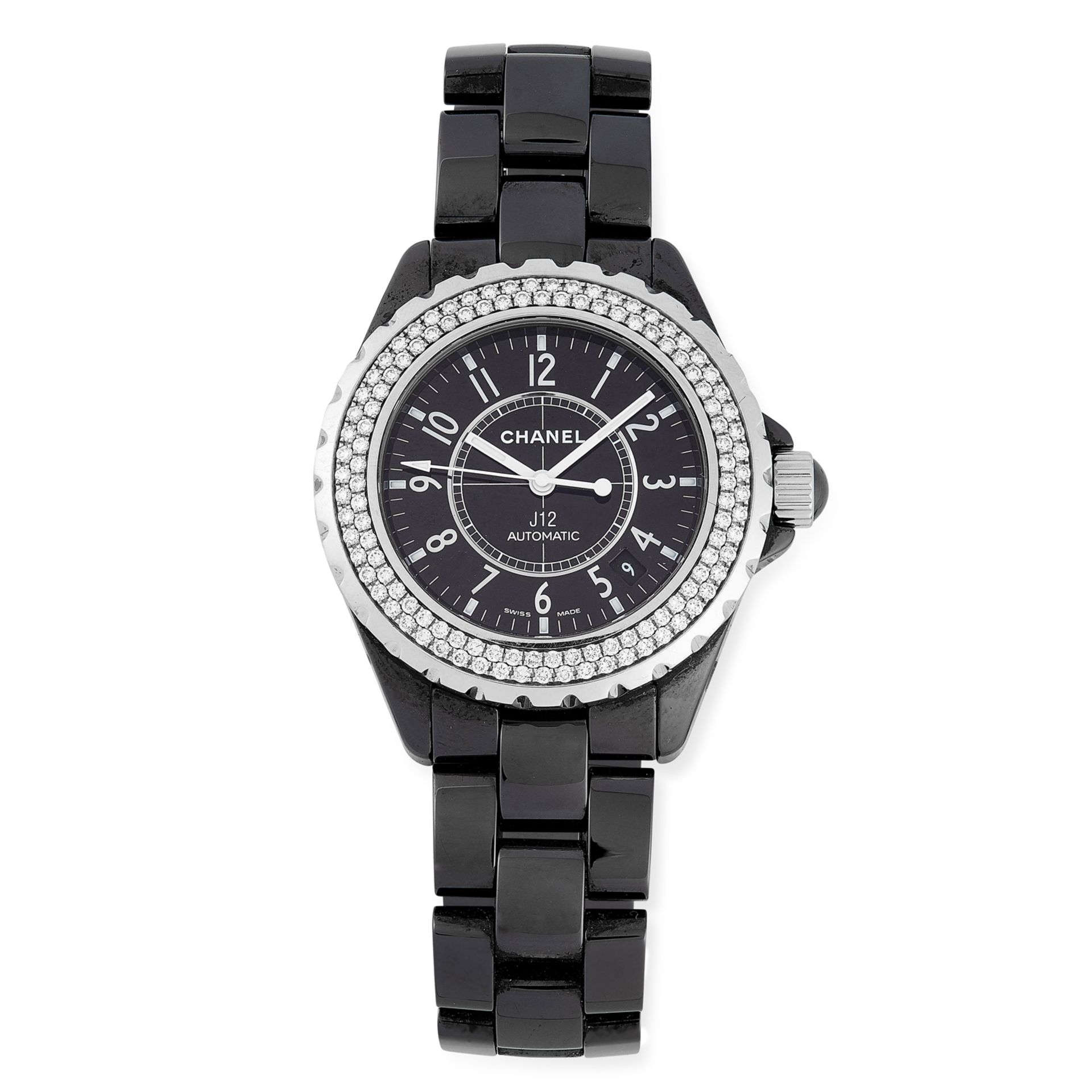 A LADIES J12 DIAMOND WATCH, CHANEL in black ceramic, set with round cut diamonds, signed Chanel, 5cm